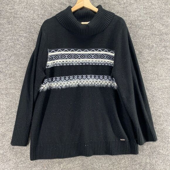 Calvin Klein Sweater Pullover Women XL Black Striped Turtleneck Knit Long Sleeve - Picture 1 of 9